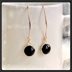 New gold Black Onyx drop hook quartz stone bohemian  Obsidian hippie earrings